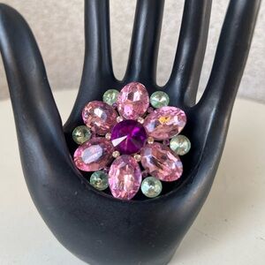 Vintage bold pin brooch flower colorful rhinestones gold tone 2” x 2”.